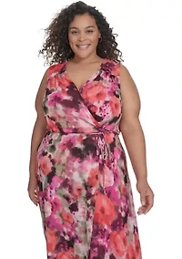 Plus V-Neck Floral Printed Fit and Flare Dress