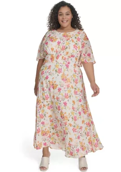 Plus Floral Printed Fit and Flare Chiffon Dress