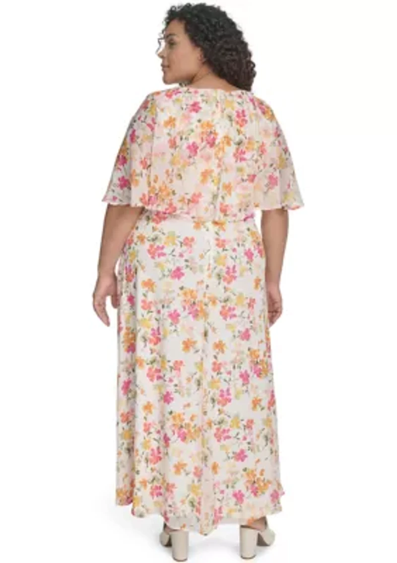 Plus Floral Printed Fit and Flare Chiffon Dress