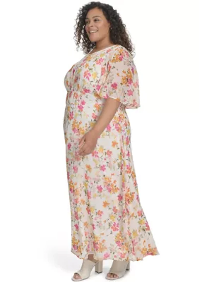 Plus Floral Printed Fit and Flare Chiffon Dress