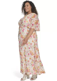 Plus Floral Printed Fit and Flare Chiffon Dress