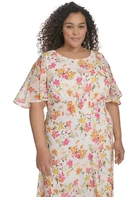 Plus Floral Printed Fit and Flare Chiffon Dress
