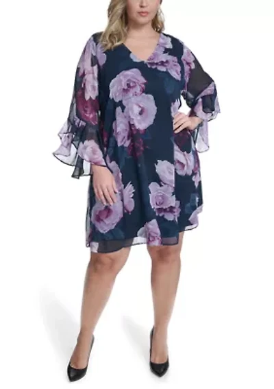 Plus Long Sleeve Floral Short Sheath