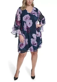 Plus Long Sleeve Floral Short Sheath