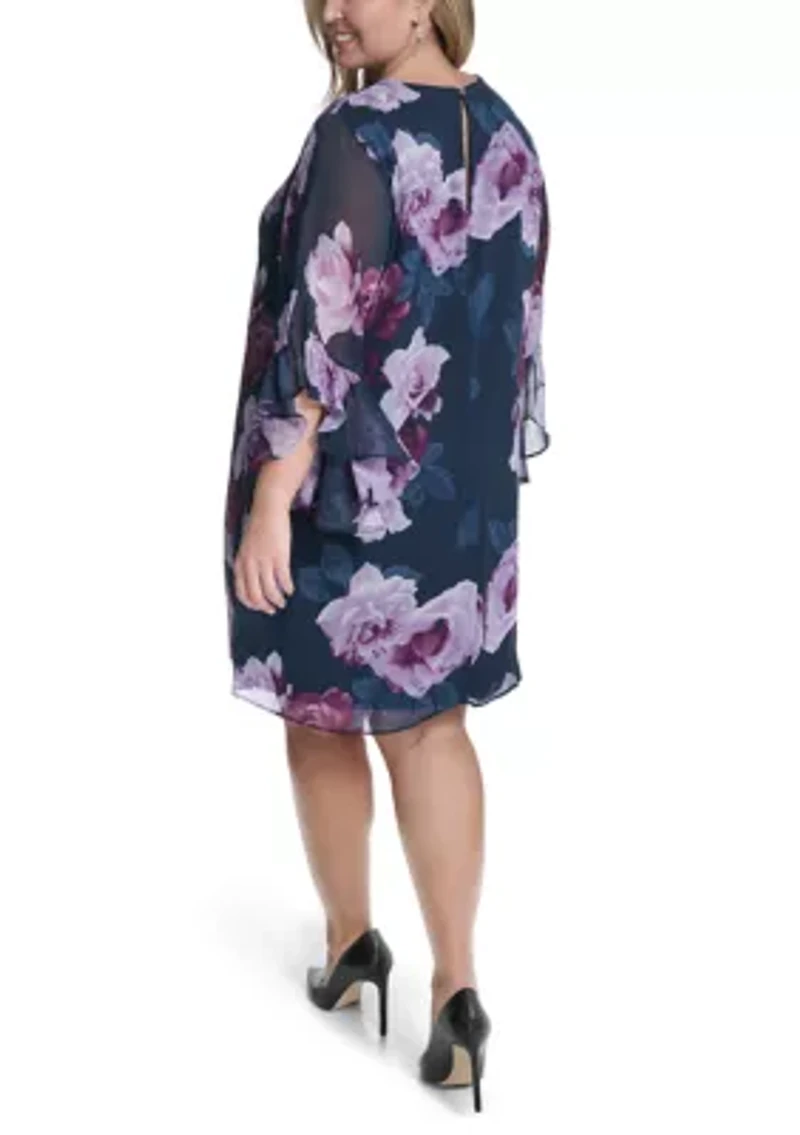 Plus Long Sleeve Floral Short Sheath