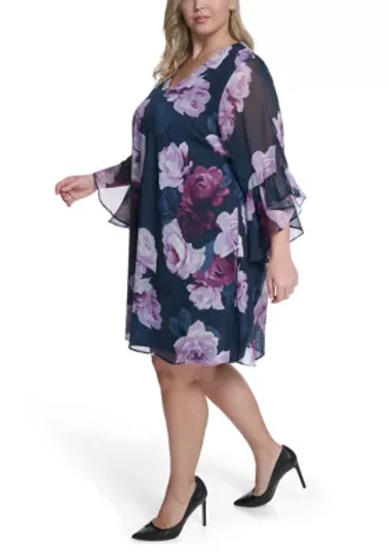 Plus Long Sleeve Floral Short Sheath