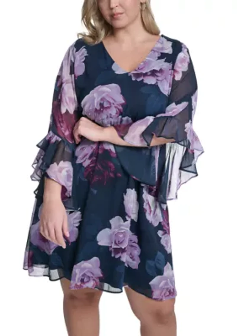 Plus Long Sleeve Floral Short Sheath