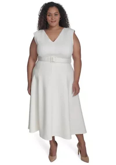 Plus Short Sleeve V-Neck Scuba Crepe Fit and Flare Dress