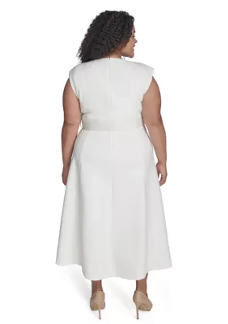 Plus Short Sleeve V-Neck Scuba Crepe Fit and Flare Dress
