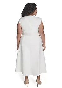 Plus Short Sleeve V-Neck Scuba Crepe Fit and Flare Dress