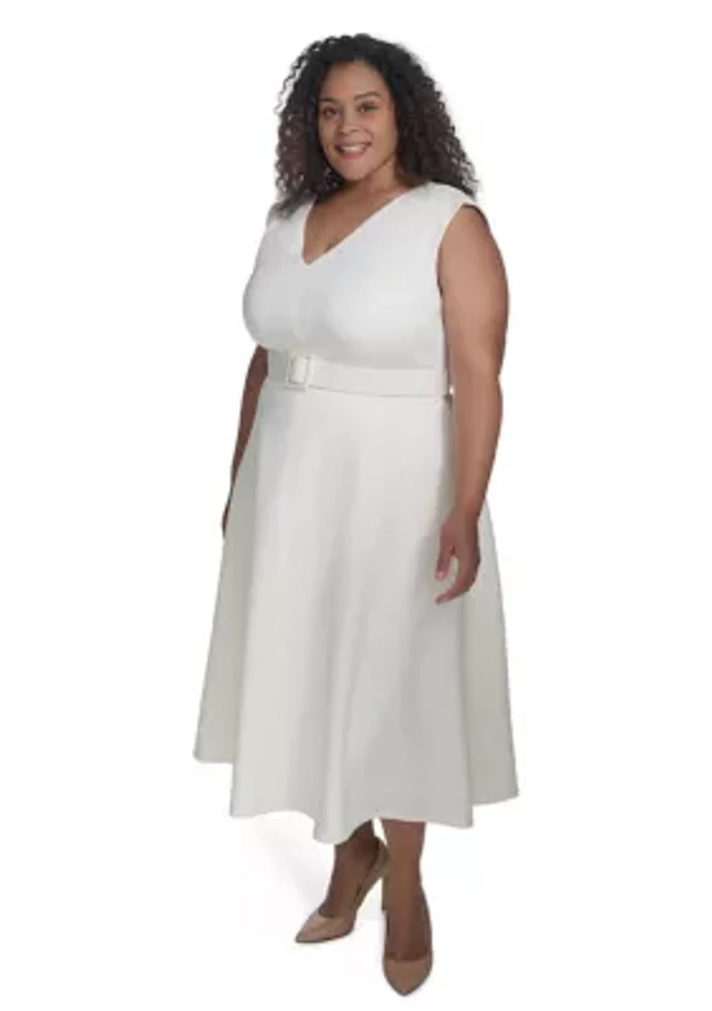 Plus Short Sleeve V-Neck Scuba Crepe Fit and Flare Dress