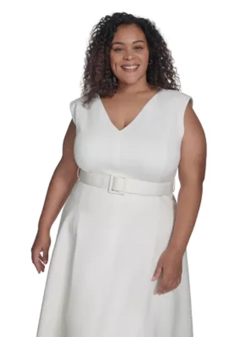 Plus Short Sleeve V-Neck Scuba Crepe Fit and Flare Dress