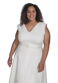 Plus Short Sleeve V-Neck Scuba Crepe Fit and Flare Dress