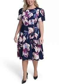 Plus Short Sleeve Printed Scuba Midi Dress