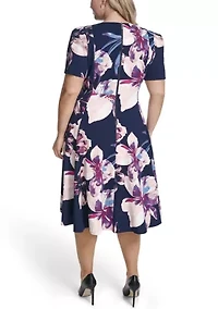 Plus Short Sleeve Printed Scuba Midi Dress