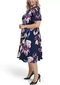 Plus Short Sleeve Printed Scuba Midi Dress