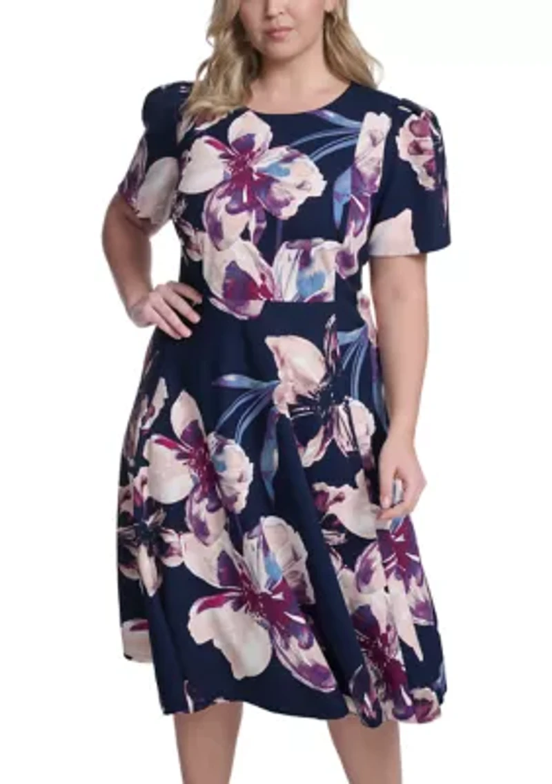 Plus Short Sleeve Printed Scuba Midi Dress