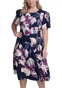 Plus Short Sleeve Printed Scuba Midi Dress