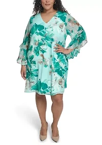 Plus Long Sleeve Printed Chiffon V-Neck Mini Dress