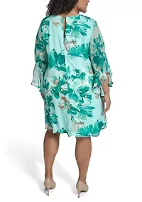 Plus Long Sleeve Printed Chiffon V-Neck Mini Dress