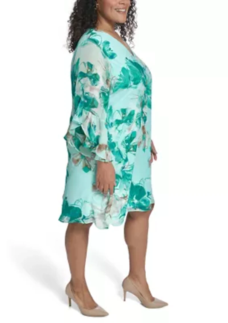 Plus Long Sleeve Printed Chiffon V-Neck Mini Dress