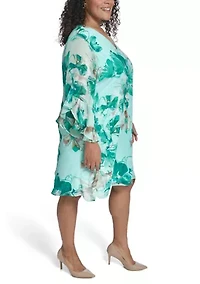 Plus Long Sleeve Printed Chiffon V-Neck Mini Dress