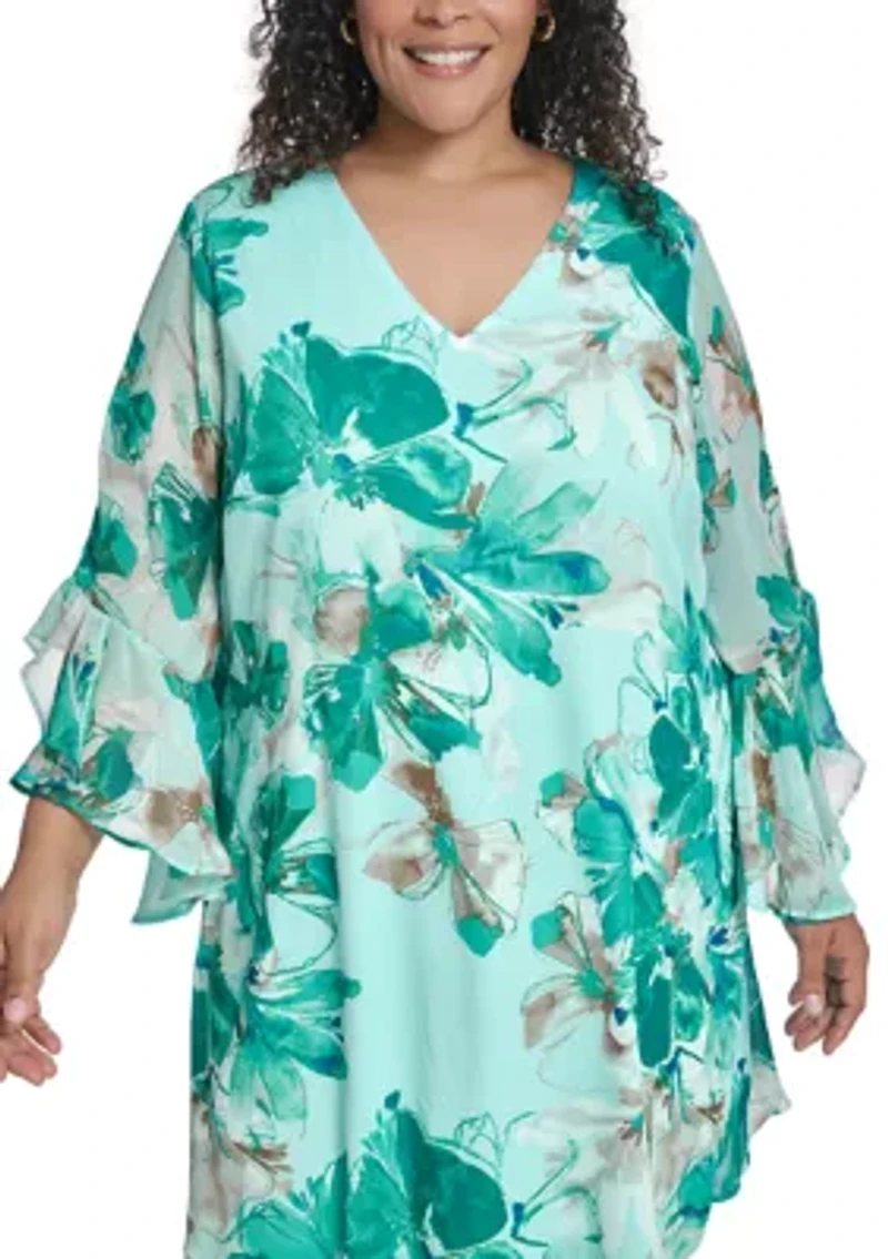 Plus Long Sleeve Printed Chiffon V-Neck Mini Dress