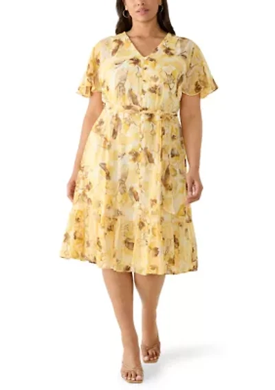 Plus Short Sleeve Printed Chiffon V-Neck Midi Dress