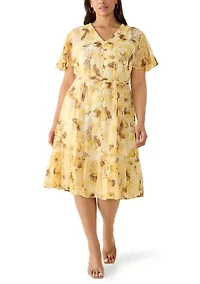 Plus Short Sleeve Printed Chiffon V-Neck Midi Dress