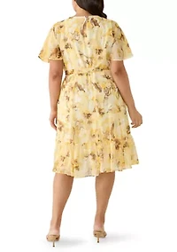 Plus Short Sleeve Printed Chiffon V-Neck Midi Dress