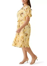Plus Short Sleeve Printed Chiffon V-Neck Midi Dress