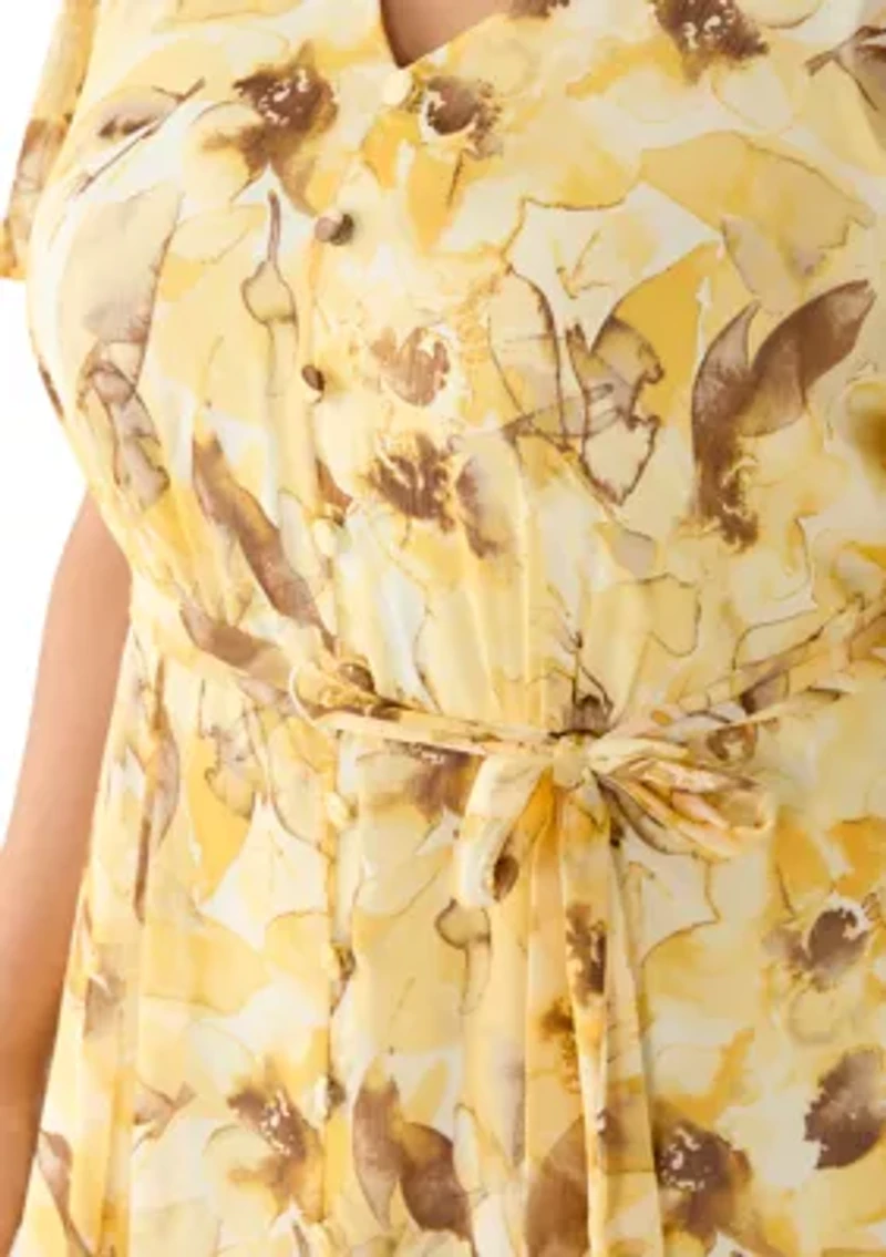 Plus Short Sleeve Printed Chiffon V-Neck Midi Dress