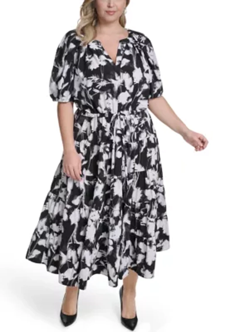 Plus Short Sleeve Printed Midi Dress