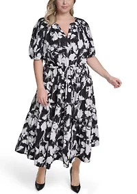 Plus Short Sleeve Printed Midi Dress