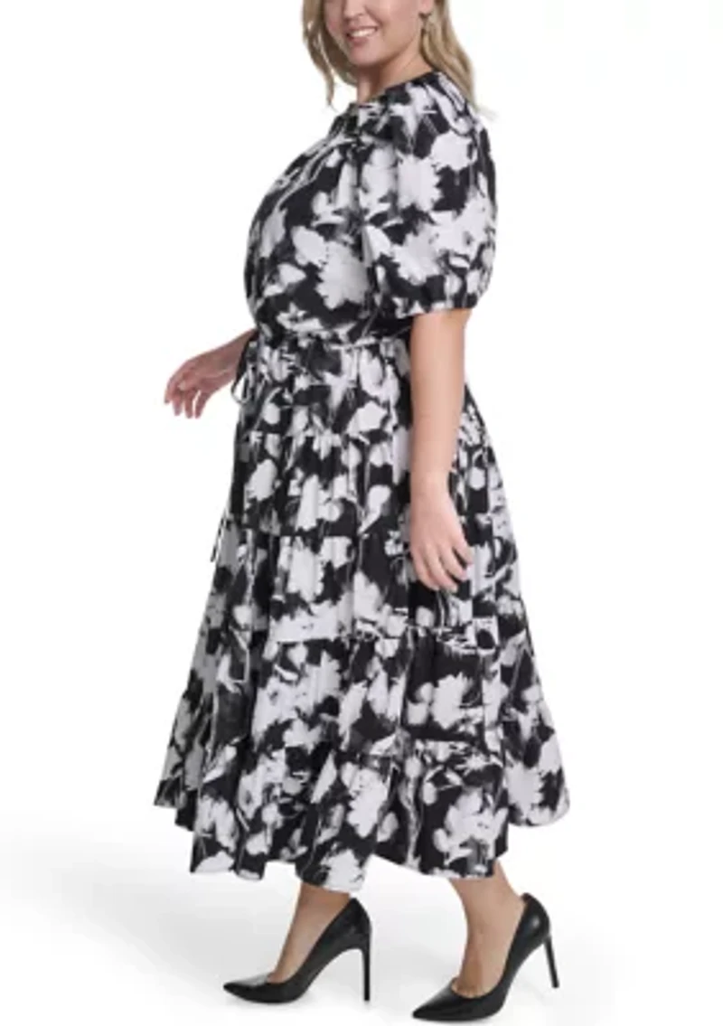 Plus Short Sleeve Printed Midi Dress