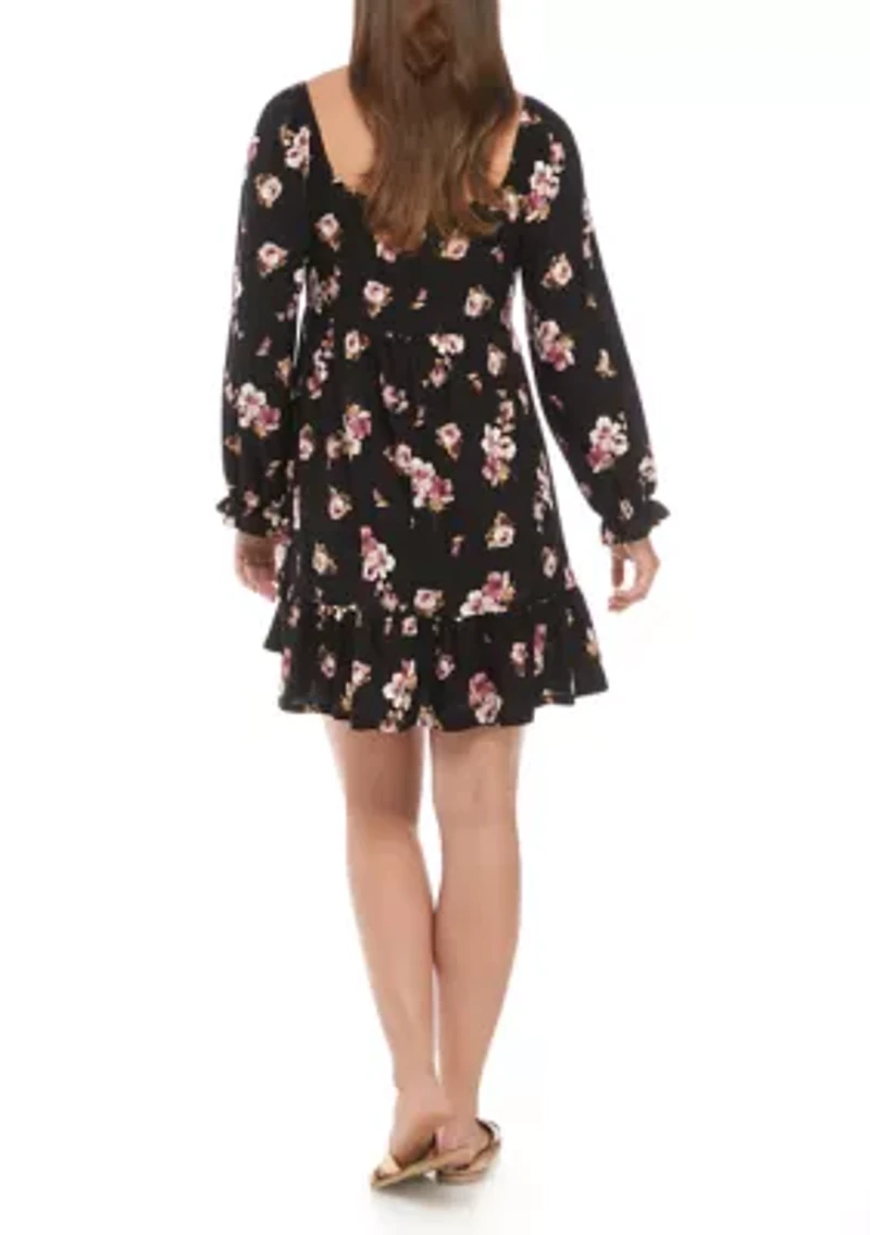 Plus Blouson Sleeve Cinched Cuff Floral Mini Dress