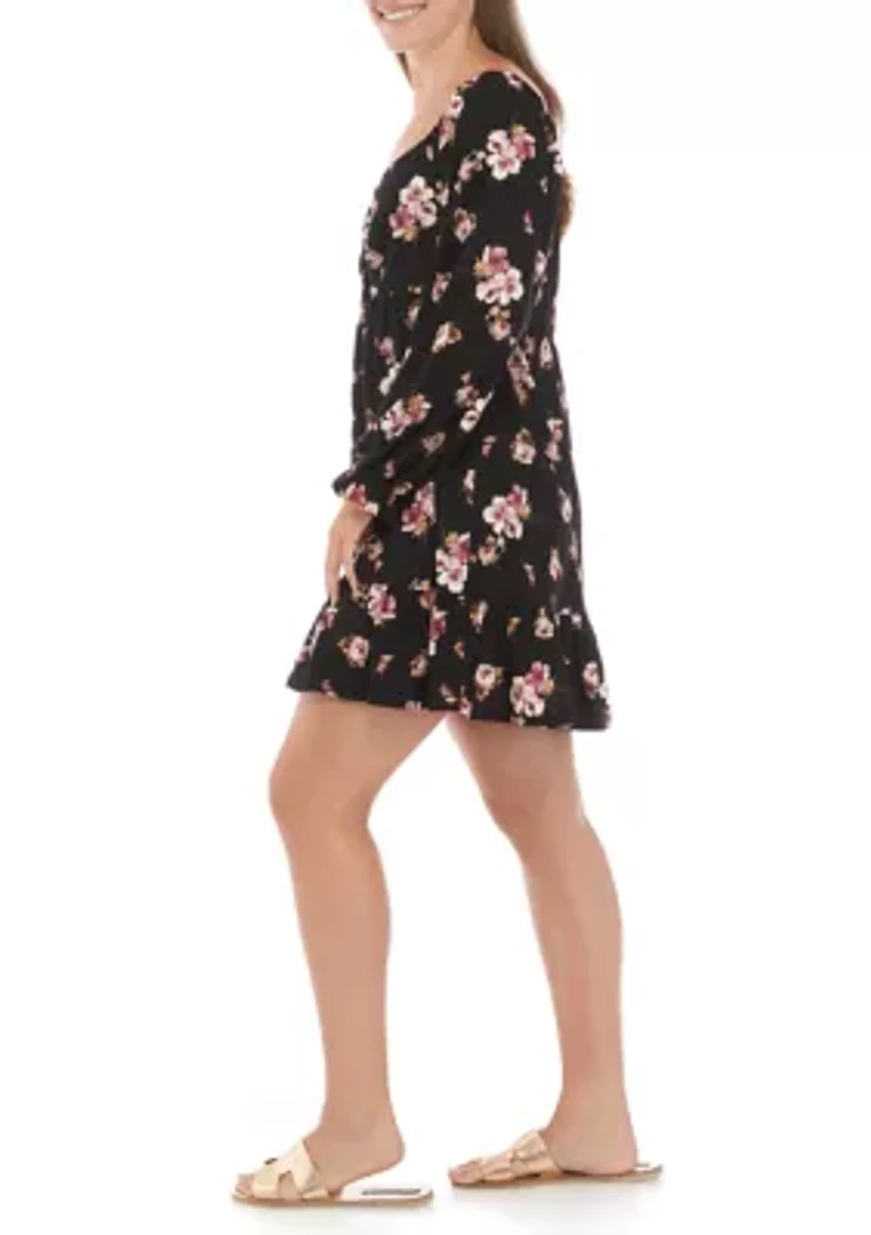 Plus Blouson Sleeve Cinched Cuff Floral Mini Dress
