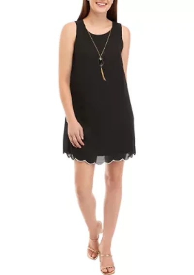 Juniors' Sleeveless Scalloped Dress with Necklace
