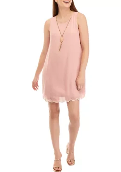 Juniors' Sleeveless Scalloped Dress with Necklace