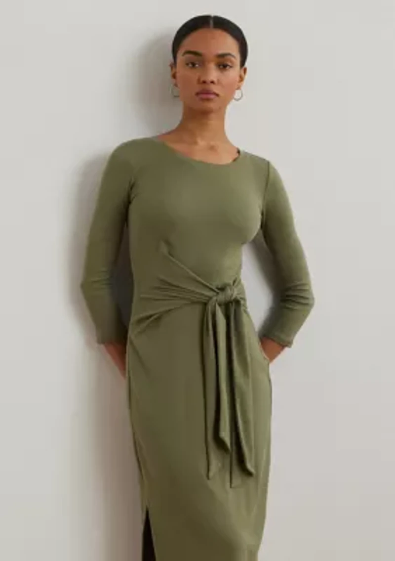 Women's Tie-Front Cotton-Blend Crew Neck Dress