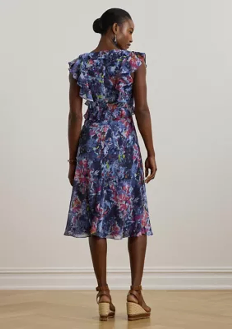 Print Ruffle Trim Georgette Midi Dress