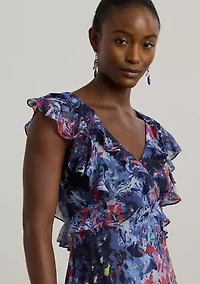 Print Ruffle Trim Georgette Midi Dress