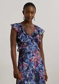 Print Ruffle Trim Georgette Midi Dress