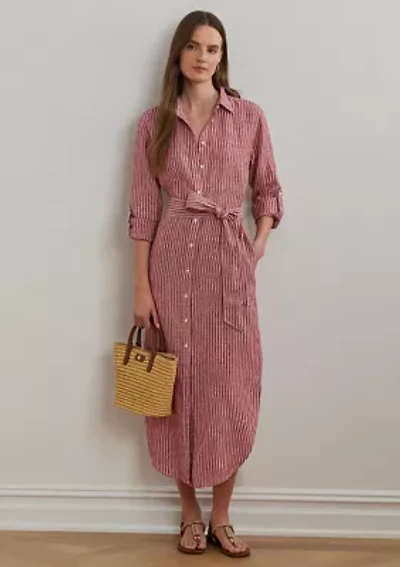 Women's Striped Linen Roll-Tab-Sleeve Shirtdress