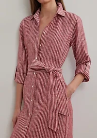 Women's Striped Linen Roll-Tab-Sleeve Shirtdress
