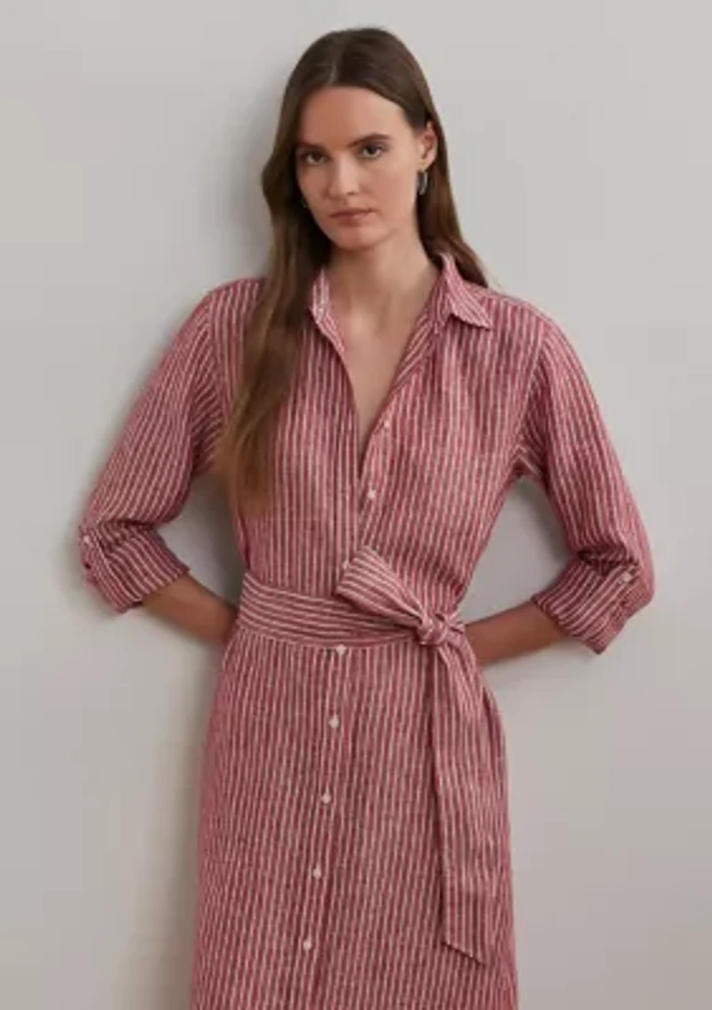 Women's Striped Linen Roll-Tab-Sleeve Shirtdress