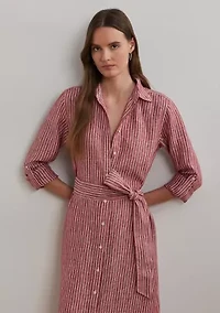 Women's Striped Linen Roll-Tab-Sleeve Shirtdress