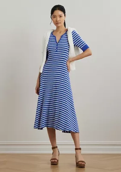 Striped Waffle Knit Cotton Henley Dress