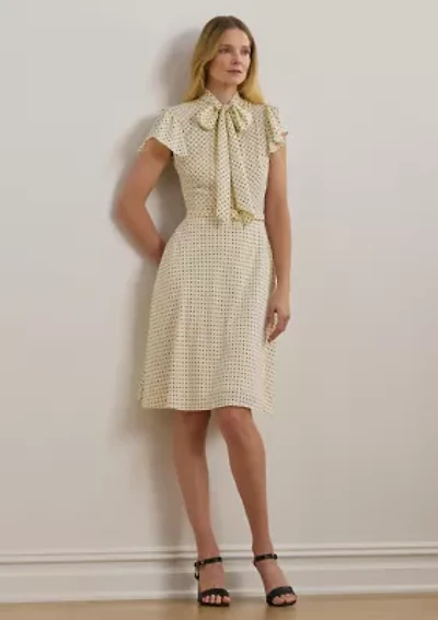 Polka Dot Belted Crepe Tie Neck Dress