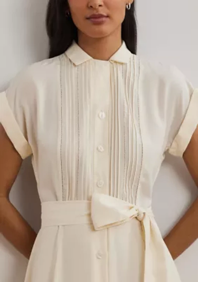 Belted Crepe Pintucked Shirtdress